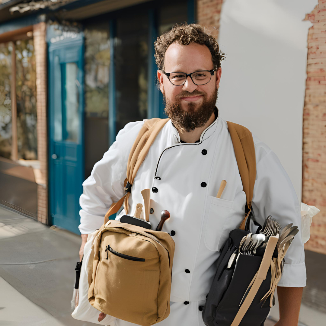 Chef en tenue transportant plusieurs sacs et mallettes – manque de praticité avant le ChefBag