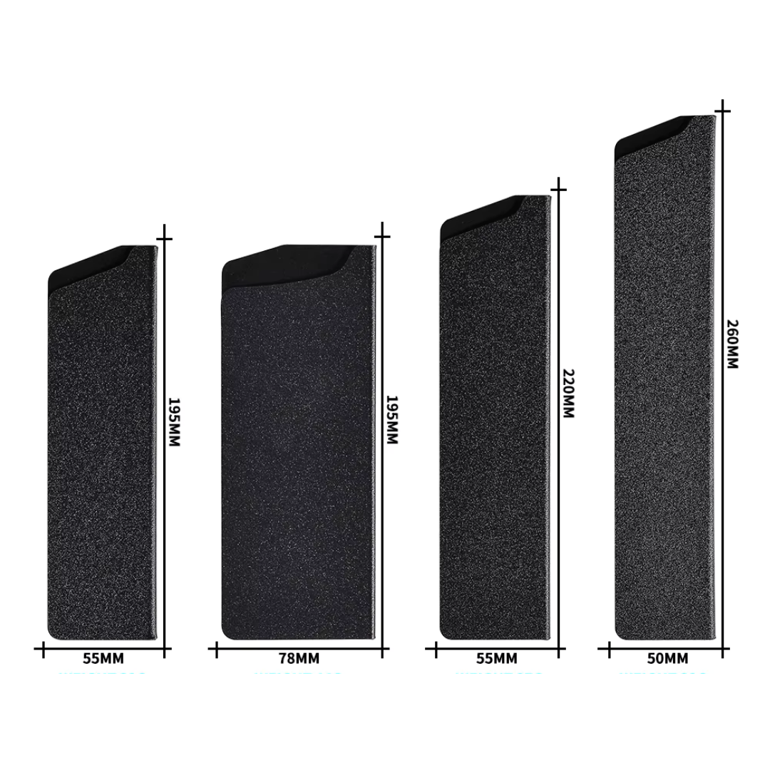Protège-couteaux noirs avec dimensions : 195 x 55 mm, 195 x 78 mm, 210 x 55 mm et 260 x 50 mm – lot pour lames de différentes tailles