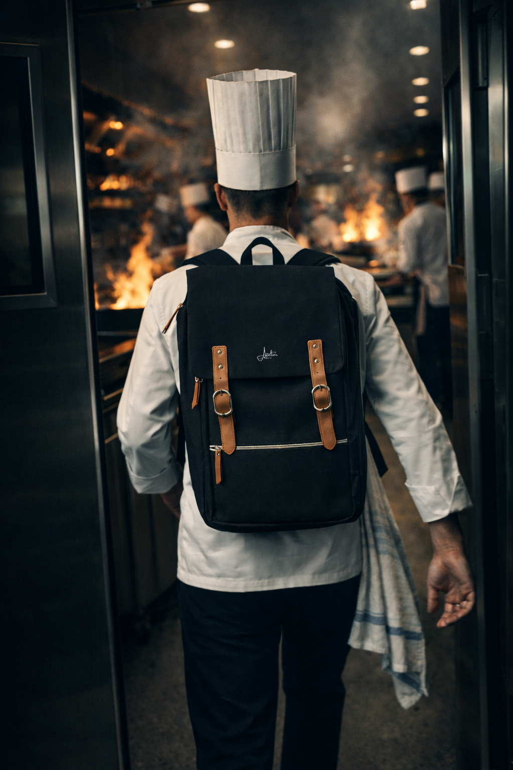 Chef avec chefbag de dos dans une cuisine professionnelle
