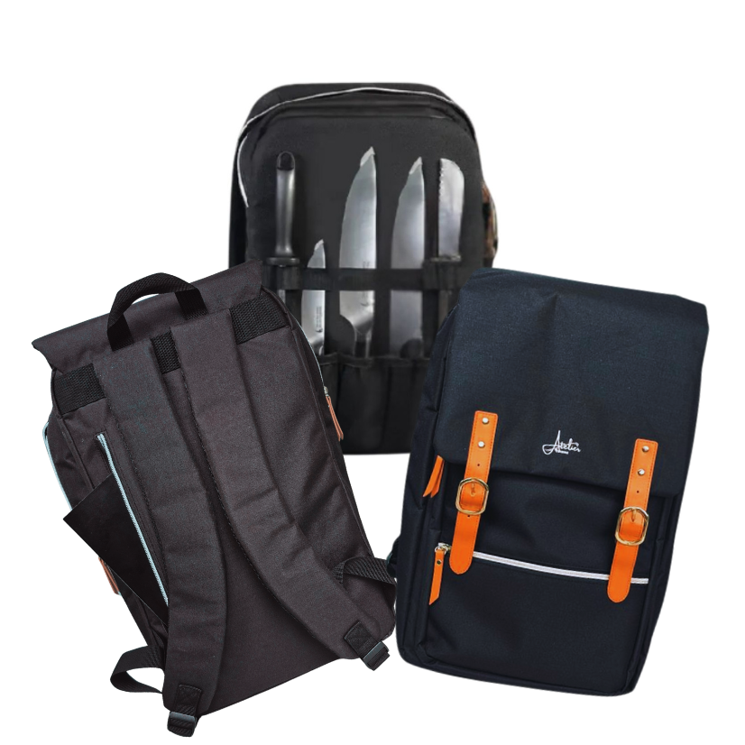 ChefBag ouvert avec couteaux, ustensiles et ordinateur – sac à dos de cuisine professionnel