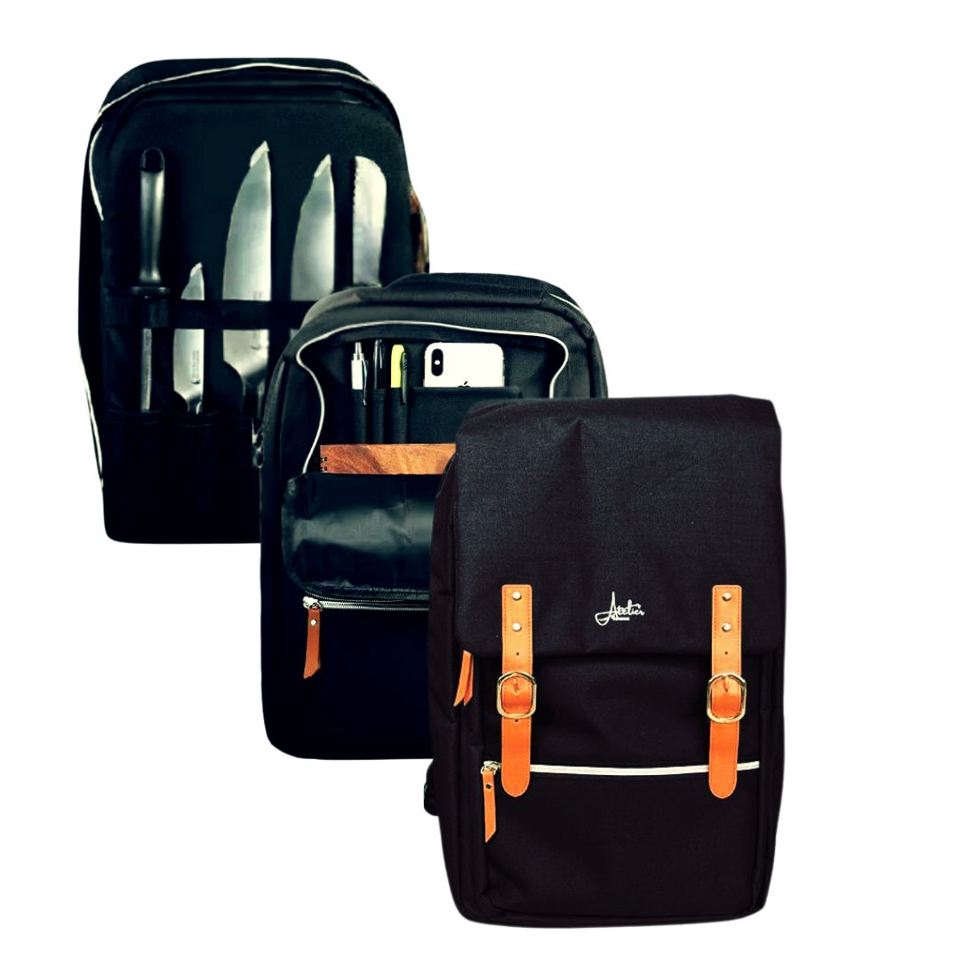 ChefBag ouvert avec couteaux, ustensiles et ordinateur – sac à dos de cuisine professionnel
