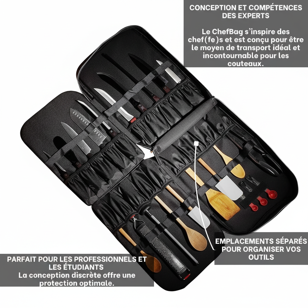ChefBag déplié avec rangement couteaux – emplacements séparés pour ustensiles et outils
