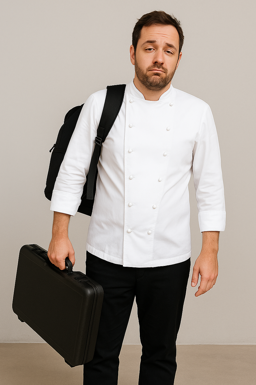 chef qui transporte une mallette à couteaux et un sac à dos