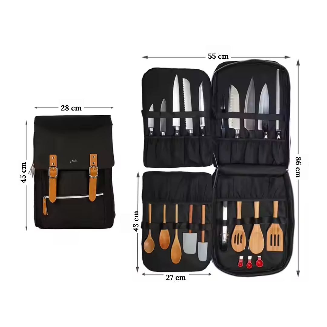 Dimensions du ChefBag fermé et ouvert – rangement pour couteaux et ustensiles