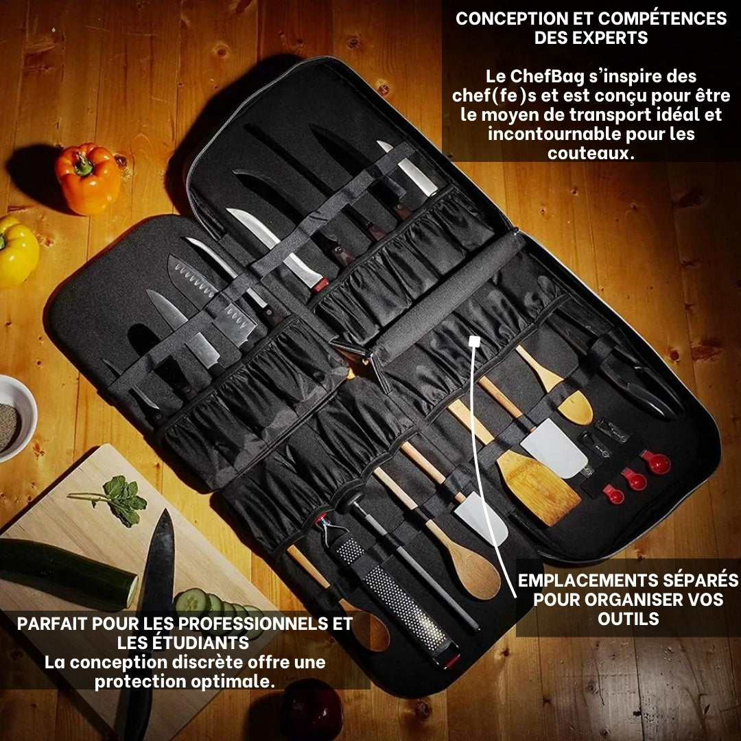 Intérieur du sac ChefBag avec emplacements organisés pour couteaux et ustensiles de cuisine professionnels